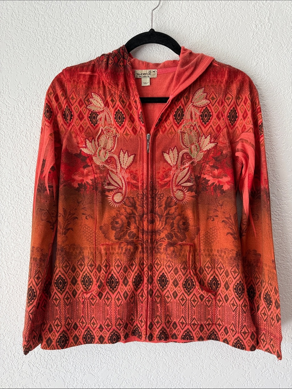 One World Women's Medium Boho Embroidered Floral Zip Up Hoodie Orange